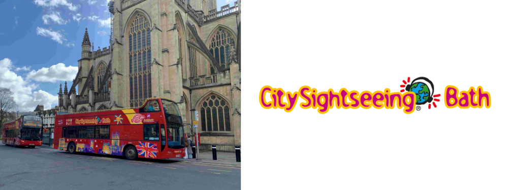 Image of a City Sightseeing red bus in front of Bath Abbey, plus the City Sightseeing logo