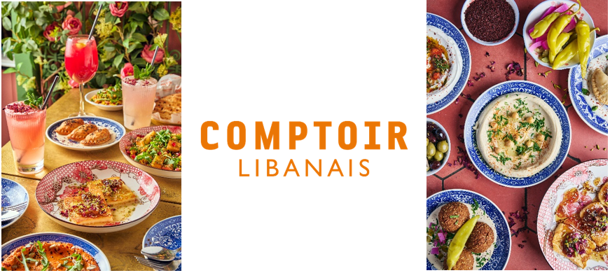 The Comptoir Libanais logo with photos of plates of their food either side.