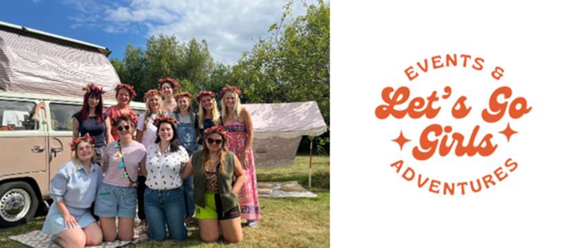 The Let's Go Girls logo next to a group of women with a camper van.