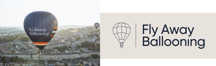 An image of a hot air balloon over Bath, next to the Fly Away Ballooning logo