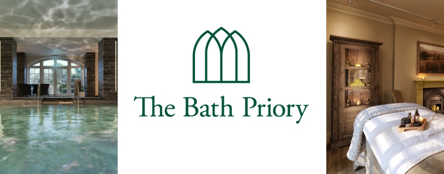 Image of, from left to right, The Bath Priory indoor pool, logo and treatment room