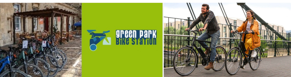 Green Park Bike Station logo, plus a photo of bikes on stands and a photo of two people riding bikes