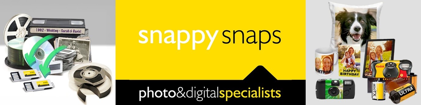 Image of the Snappy Snaps logo and pictures of products on the left and the right