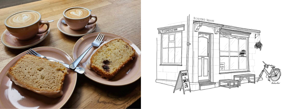 Image of two coffees and two pieces of cake. Next to it is a pencil drawing of No.11 Espresso Bar