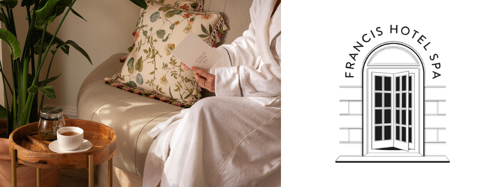 Person relaxing in a spa lounge wearing a white robe, with the Francis Hotel Spa logo alongside.