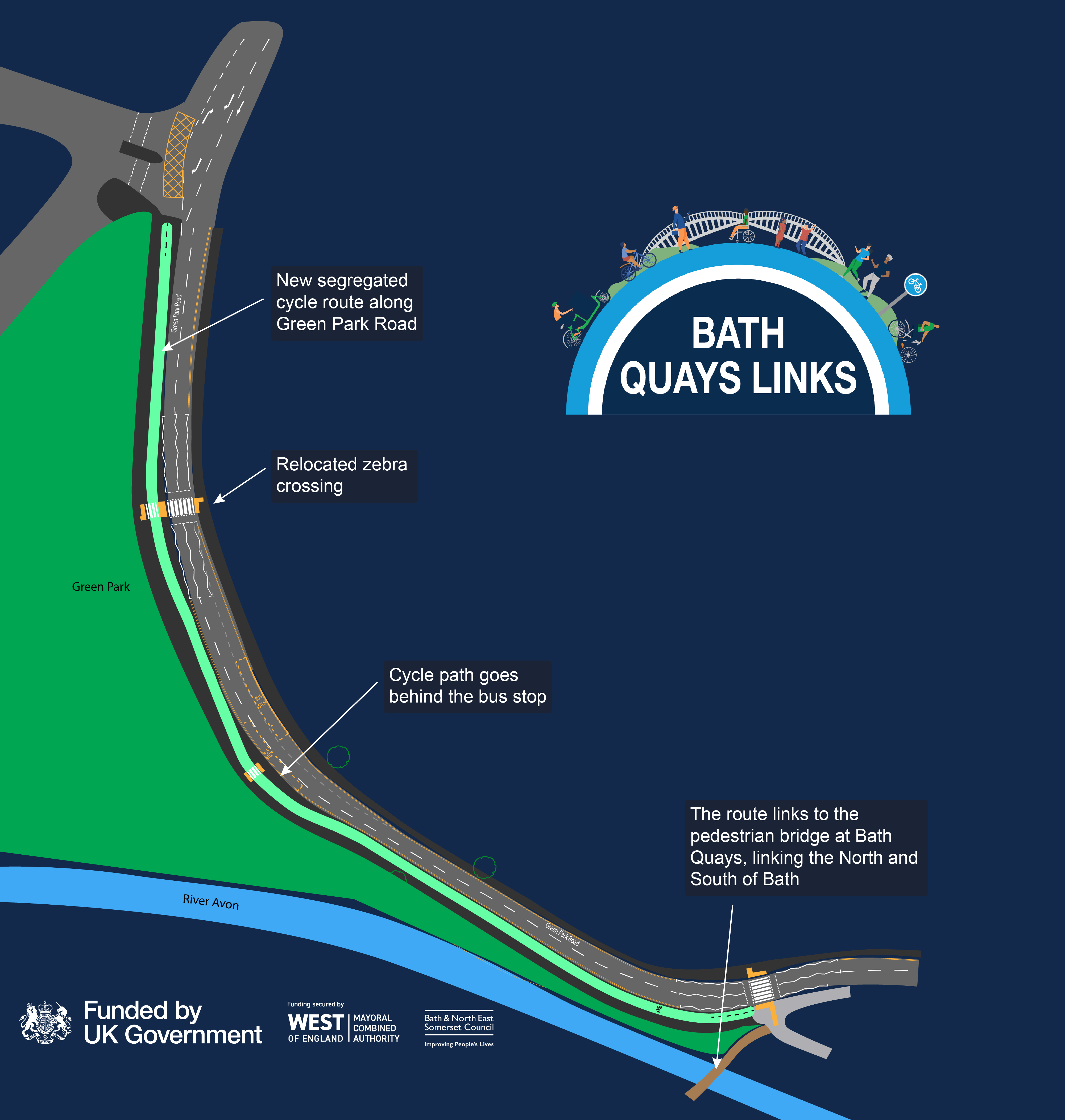 Open a large version of this image a graphic showing the improvements being made to Lower Bristol Road including widening of pavements, new crossings, and cycle paths.