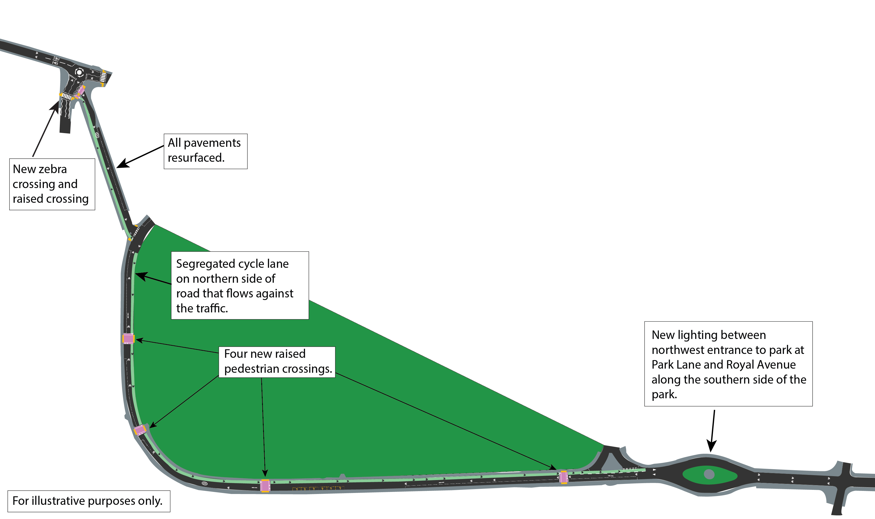 Open a large version of this image Map showing proposed walking, wheeling and cycling improvements in Royal Victoria Park, Bath. They include a segregated cycle lane, new zebra and raised crossings, resurfaced pavements and new lighting.