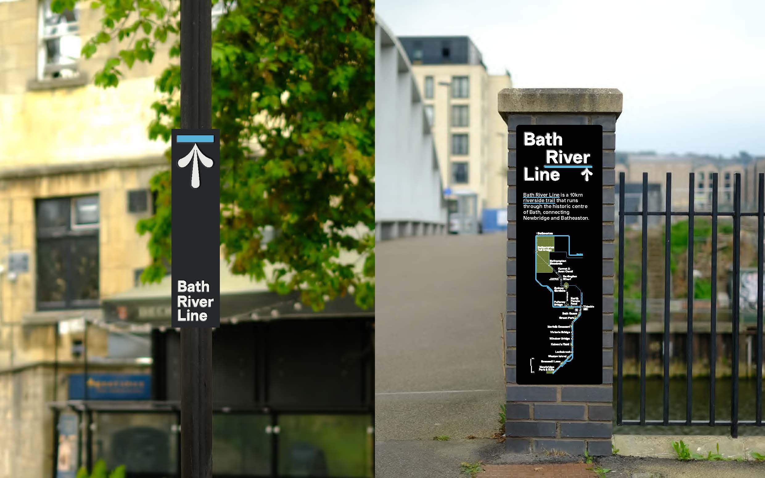 Open a large version of this image Example of new Bath River Line signage along the route. The image features two elements: a photo collage of a Bath River Line wayfinding sign mounted on a lamp post, and a Bath River Line map displayed on a wall-mounted post near Destructor Bridge. The signage highlights key locations along the 10km riverside trail, which connects Newbridge and Batheaston through the historic centre of Bath.