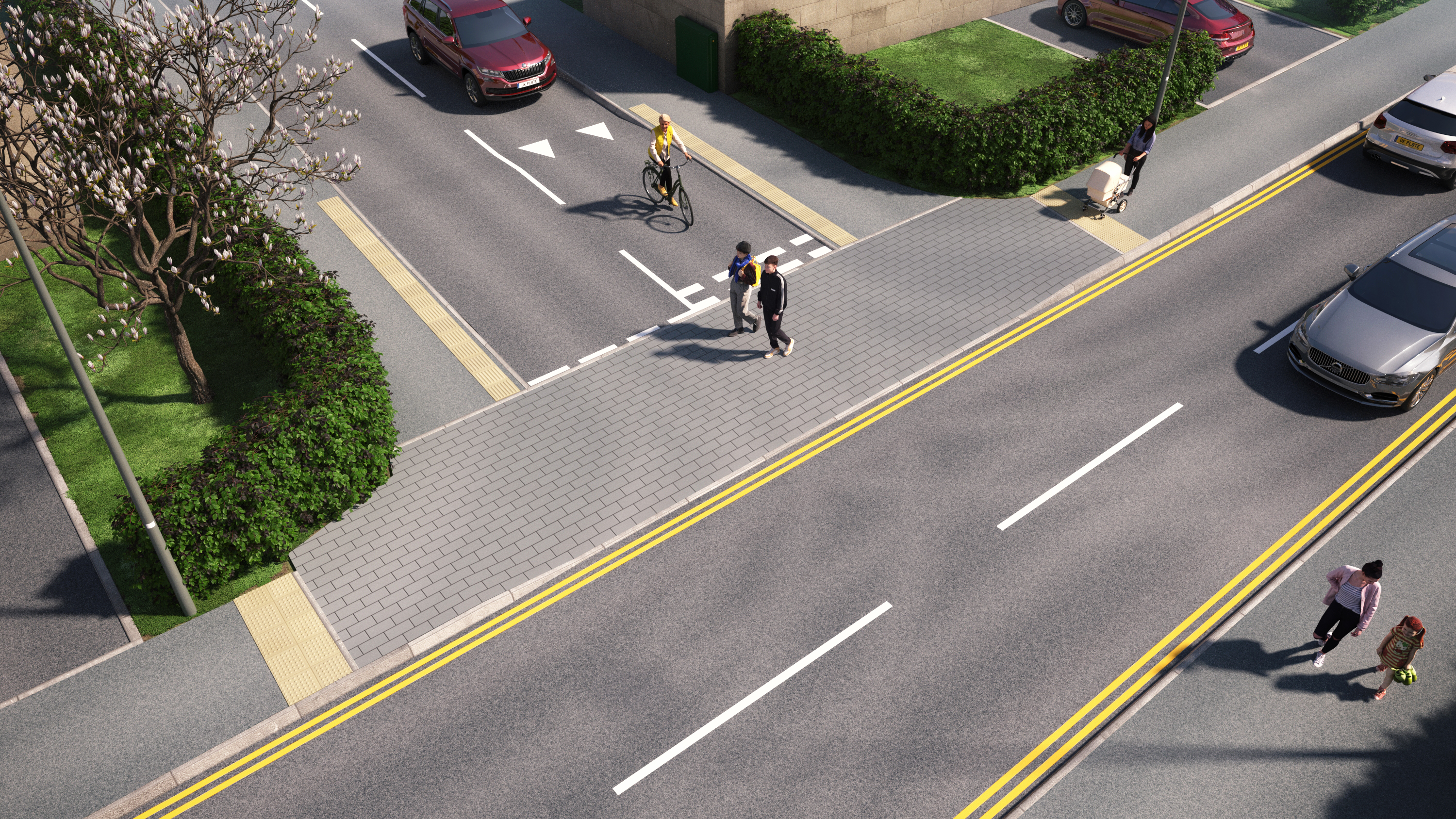an Artist's CGI visualisation of a continuous crossing. The footway across a T junction is paved, clearly emphasising pedestrian priority.