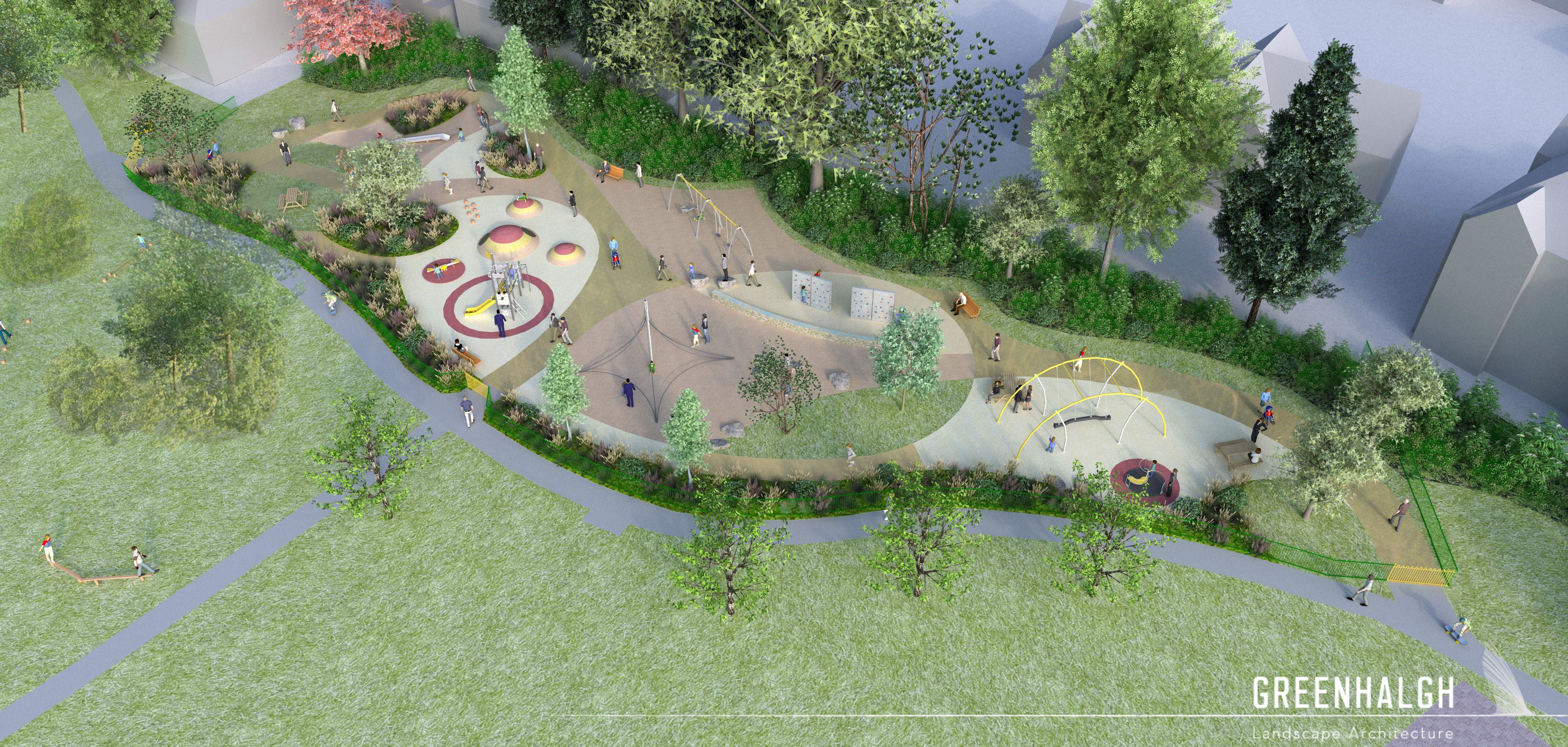 Open a large version of this image the new play park looking south. the new surface is coloured in cream, dusty pinks, light browns and muted red tones. There is a log swing, some picnic benches, a new climbing wall, and large climbing frame, smaller swings, a piece of multi-play apparatus, a central slide, seesaws and play mounds, plus landscaping between all the play areas. At the south end is the long slide into sand, more picnic benches and a grassy area.