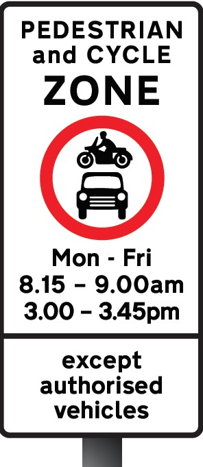 Illustration of a Pedestrian and Cycle Zone sign typically used at the entrance of School Streets promoting the timed-restrictions