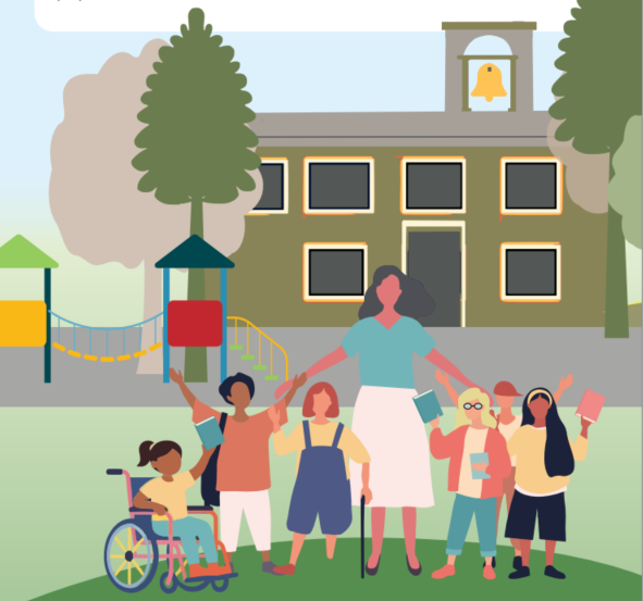 Open a large version of this image An illustration showing a small class of children with their teacher outside their school