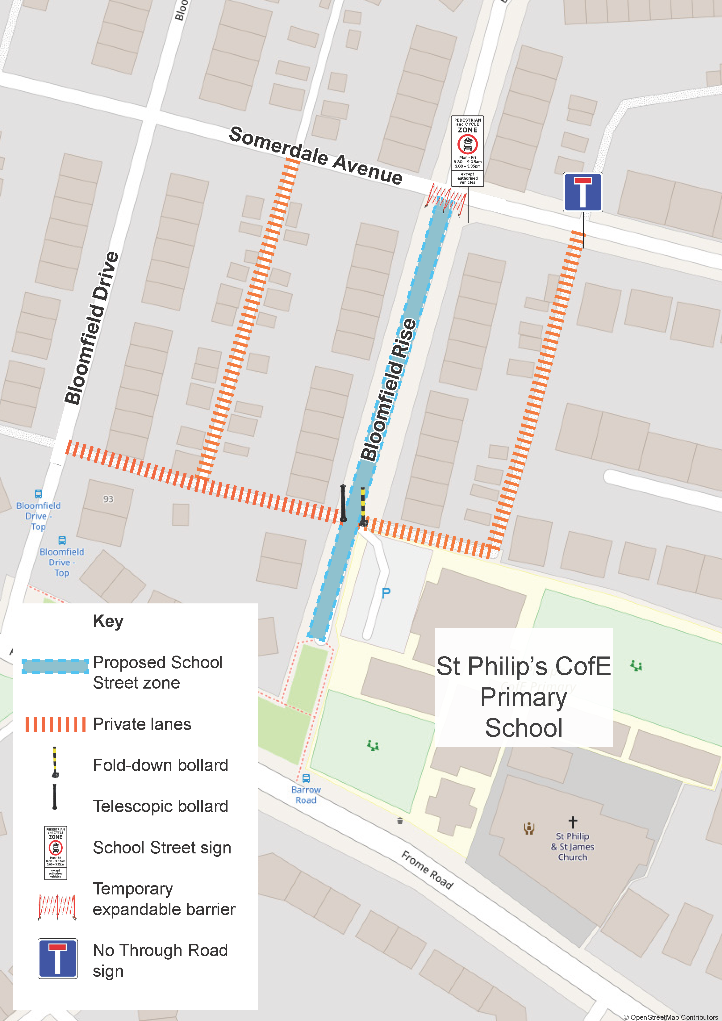 Open a large version of this image Map showing the extent of the School Street, the location of the temporary barrier on Bloomfield Rise, the collapsible bollards at the exit of the private lanes, and the School Street signage