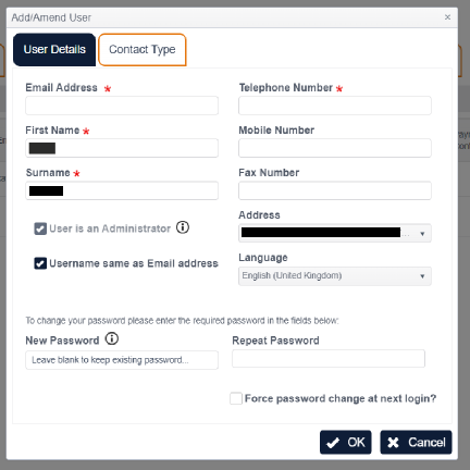 Contact type tab