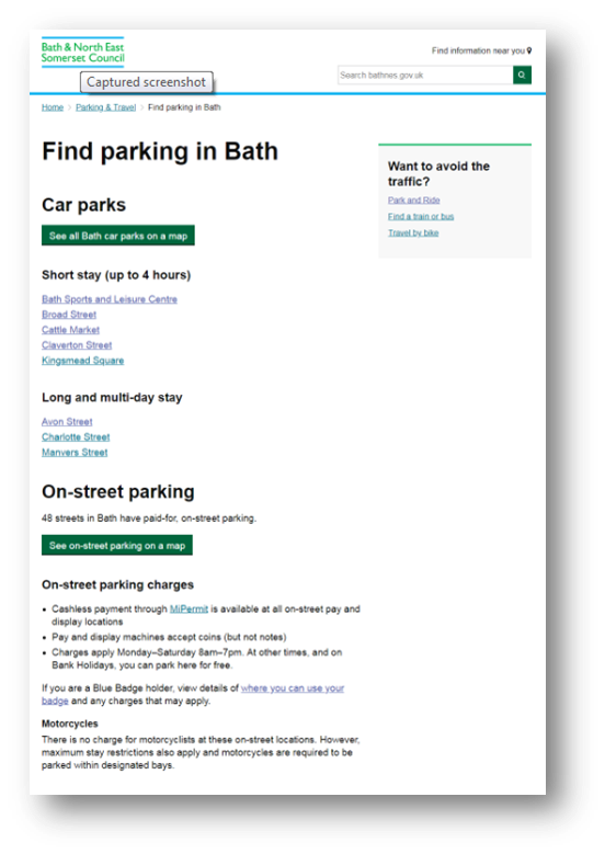 A web page with a list of car parks in B&NES