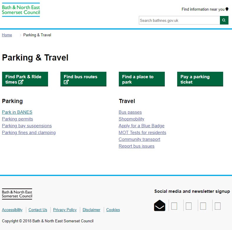 Prototype menu page for parking and travel