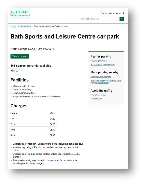 Web page showing details for a specific car park in Bath
