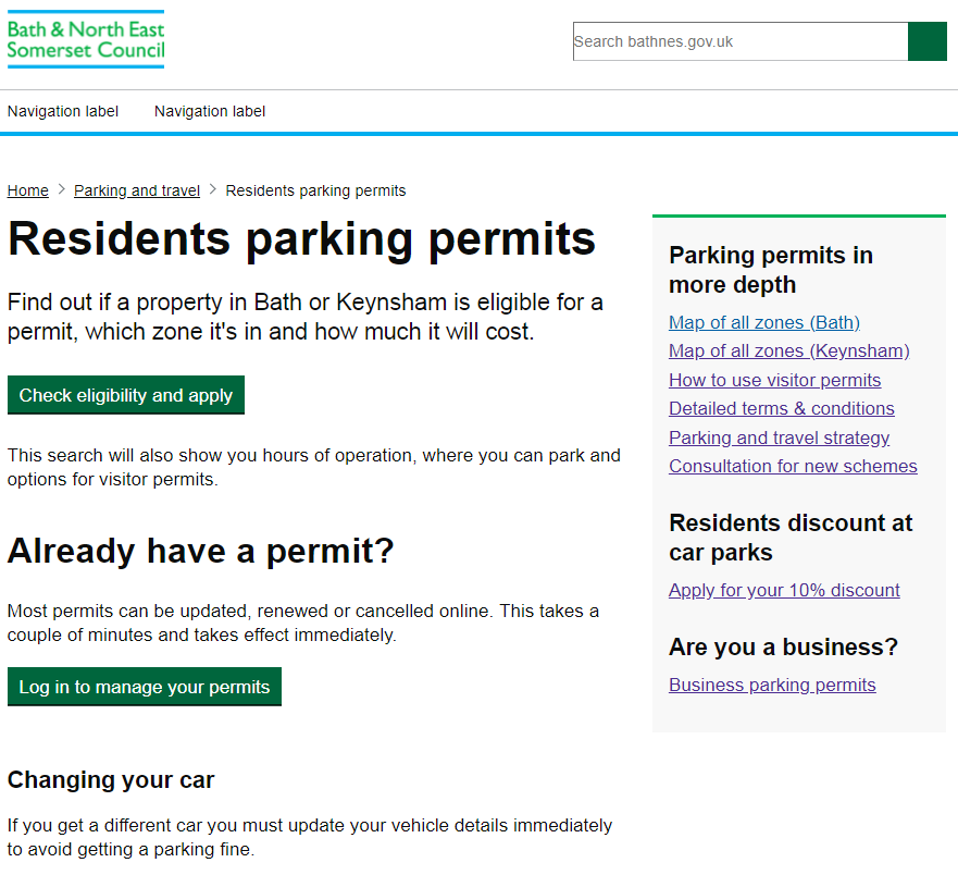 Screen shot of a residents parking web page