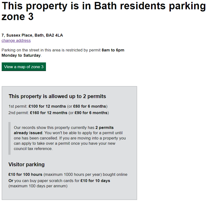 Screen shot of a residents parking permit search result