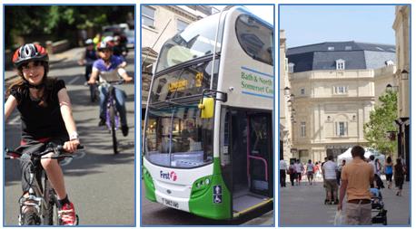 Image of cyclists, bus and pedestrians in Bath