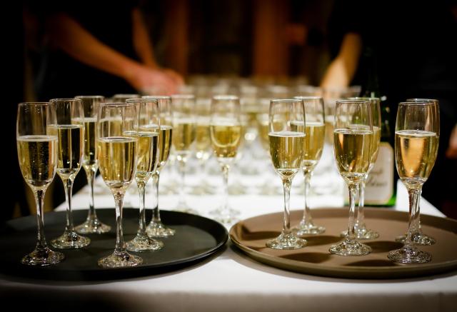 Champagne flutes on trays