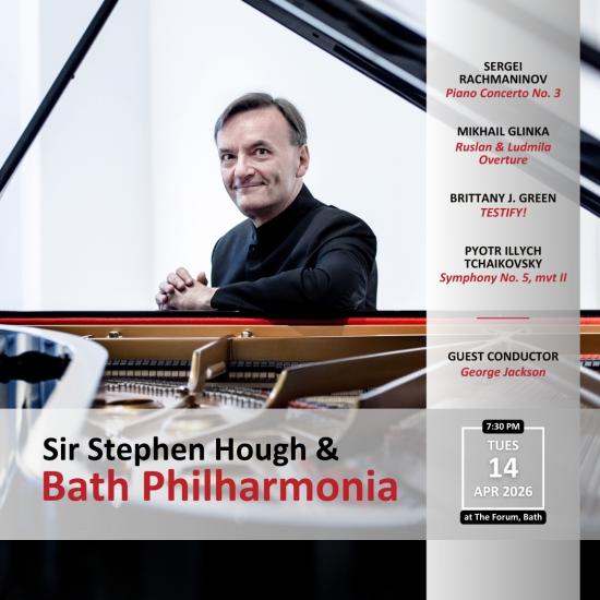 The poster for Sir Stephen Hough at Bath Philharmonia on 14 April at 7:30pm, with details of the programme.