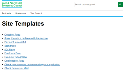 A web page with a list of links to site template pages